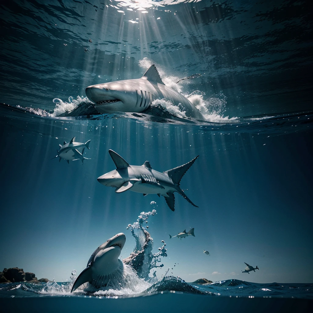 under water ocean, variety of sharks, ultra realistic