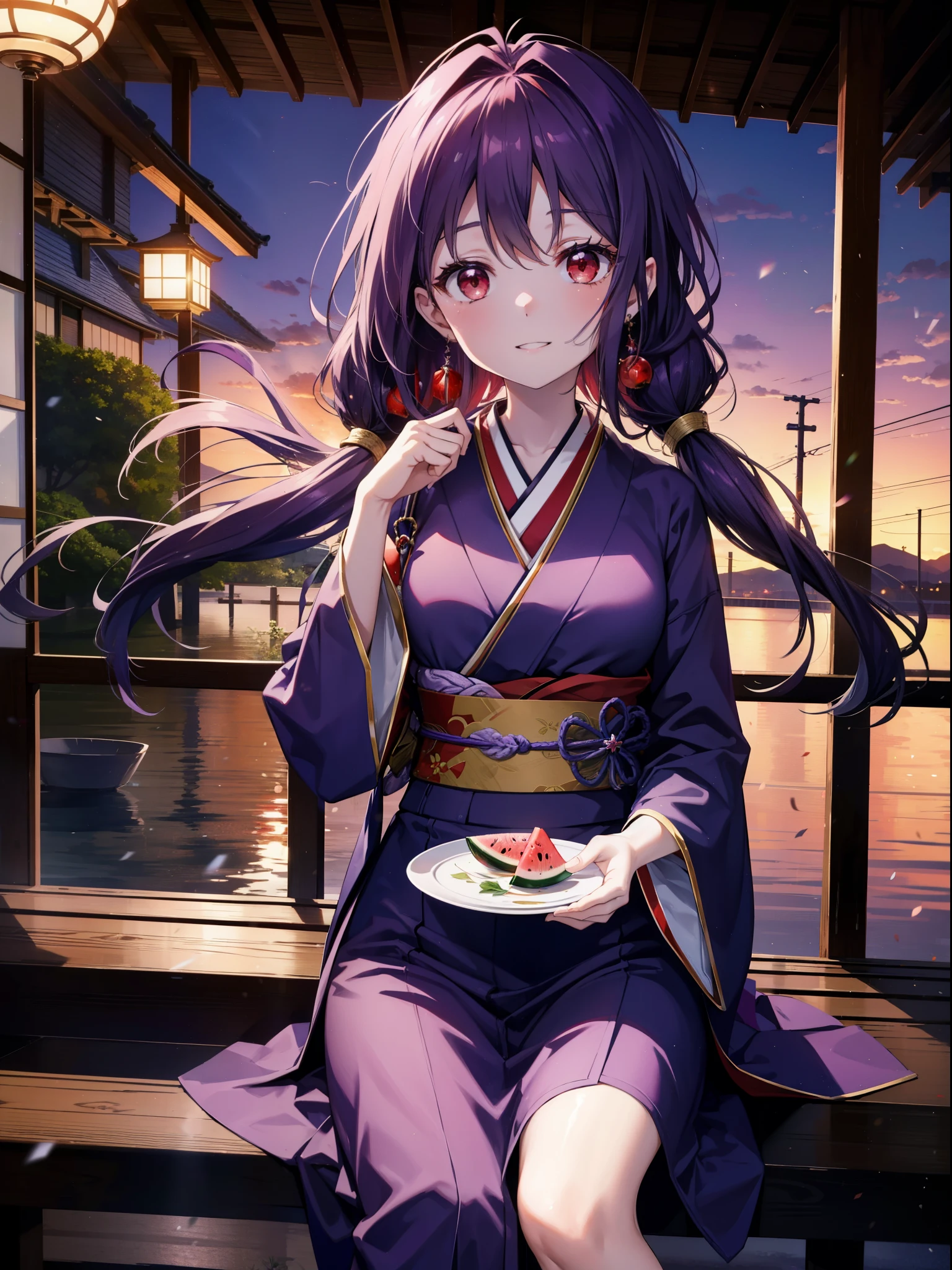 yuukikonno, Yuuki Konno, hair band, Long Hair, Pointed Ears, Purple Hair, Ahoge,(Red eyes:1.5), (Small breasts:1.2),low twin tail,smile,blush,Open your mouth,Purple Kimono,Purple long skirt,Fireworks in the night sky,Fireworks,The place is a fireworks display,Time is night,sunny day,Sitting on a bench,A triangular piece of red watermelon is placed on a plate on a bench.,Wind Chimes,whole bodyがイラストに入るよう,
break looking at viewer, , whole body, (Cowboy Shot:1. 5)
break indoors, Veranda,Japanese garden,
break (masterpiece:1.2), Highest quality, High resolution, unity 8k wallpaper, (figure:0.8), (Beautiful attention to detail:1.6), Highly detailed face, Perfect lighting, Highly detailed CG, (Perfect hands, Perfect Anatomy),