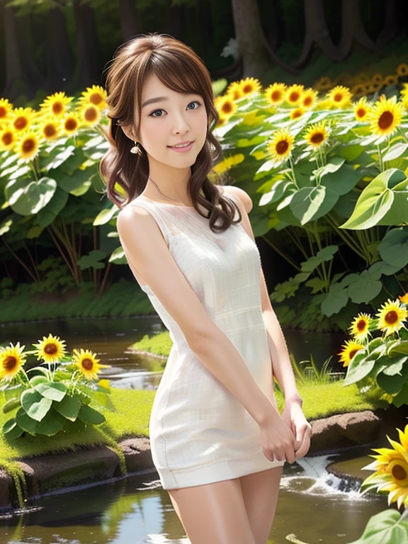 (masterpiece, best quality), outstanding details, ultra-high resolution,
anatomically correct, wide shot, atmospheric perspective,
A beautiful woman walking along a stream in the forest, A lovely Japanese woman, 30 years old,
cowboy shot, (holding a sunflower, reaching out),
(Plump),
Happy smile, Mouth slightly open, looking at viewer,
round face, tareme, Downturned Eyes, pupils sparkling, small cute nose, thin lips, thin eyebrows,
brown hair, low ponytail, short hair, swept bangs,
(wearing A white elegant slip dress made of a transparent smooth material),
(background: Serene riverside with blossoming wildflowers at the forest)
depth of field, backlighting, morning sunlight, cinematic lighting, Reflected light from below, reflection light, dreamy atmosphere, animated expression,