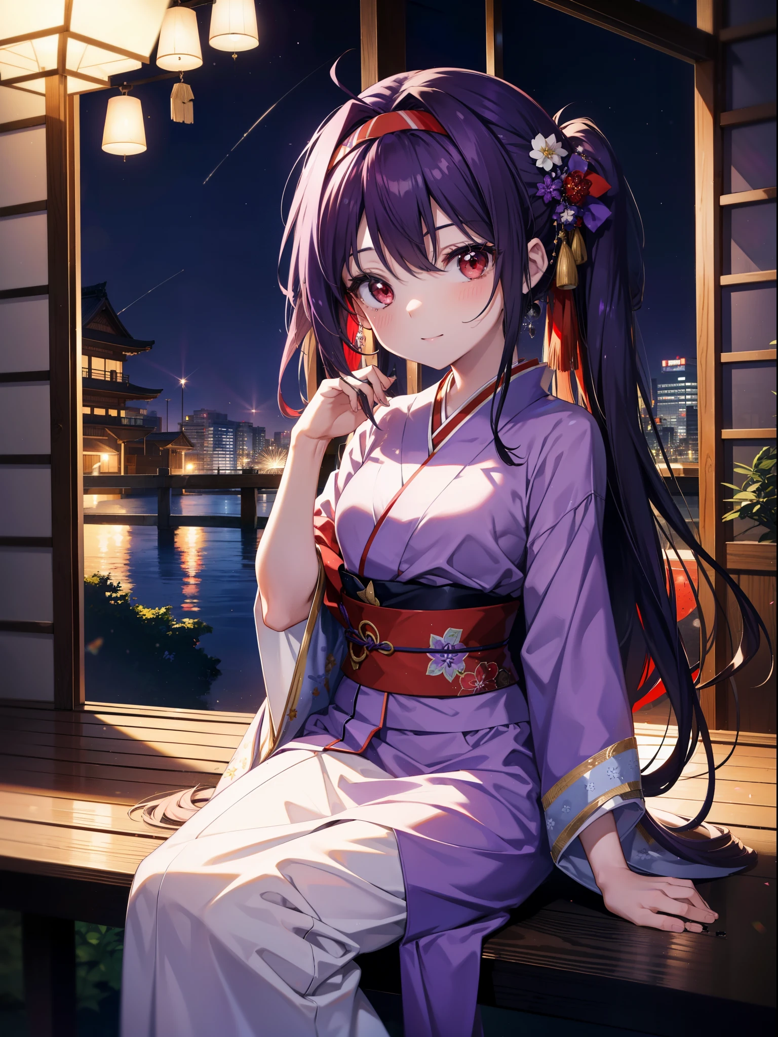 yuukikonno, Yuuki Konno, hair band, Long Hair, Pointed Ears, Purple Hair, Ahoge,(Red eyes:1.5), (Small breasts:1.2),low twin tail,smile,blush,Open your mouth,Purple Kimono,Purple long skirt,Fireworks in the night sky,Fireworks,The place is a fireworks display,Time is night,sunny day,Sitting on a bench,A triangular piece of red watermelon is placed on a plate on a bench.,Wind Chimes,whole bodyがイラストに入るよう,
break looking at viewer, , whole body, (Cowboy Shot:1. 5)
break indoors, Veranda,Japanese garden,
break (masterpiece:1.2), Highest quality, High resolution, unity 8k wallpaper, (figure:0.8), (Beautiful attention to detail:1.6), Highly detailed face, Perfect lighting, Highly detailed CG, (Perfect hands, Perfect Anatomy),