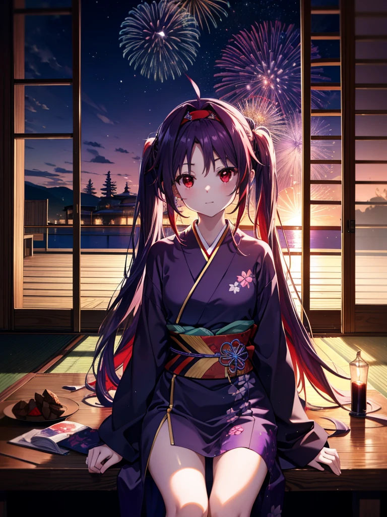 yuukikonno, Yuuki Konno, hair band, Long Hair, Pointed Ears, Purple Hair, Ahoge,(Red eyes:1.5), (Small breasts:1.2),low twin tail,smile,blush,Open your mouth,Purple Kimono,Purple long skirt,Fireworks in the night sky,Fireworks,The place is a fireworks display,Time is night,sunny day,Sitting on a bench,A triangular piece of red watermelon is placed on a plate on a bench.,Wind Chimes,whole bodyがイラストに入るよう,
break looking at viewer, , whole body, (Cowboy Shot:1. 5)
break indoors, Veranda,Japanese garden,
break (masterpiece:1.2), Highest quality, High resolution, unity 8k wallpaper, (figure:0.8), (Beautiful attention to detail:1.6), Highly detailed face, Perfect lighting, Highly detailed CG, (Perfect hands, Perfect Anatomy),