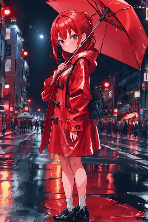 8k photo portrait of a redhead woman in a red raincoat, at a bustling crosswalk in shibuya at night, Highly Detailed, Vibrant, Production Cinematic, reflections on wet street, 8k, film grain