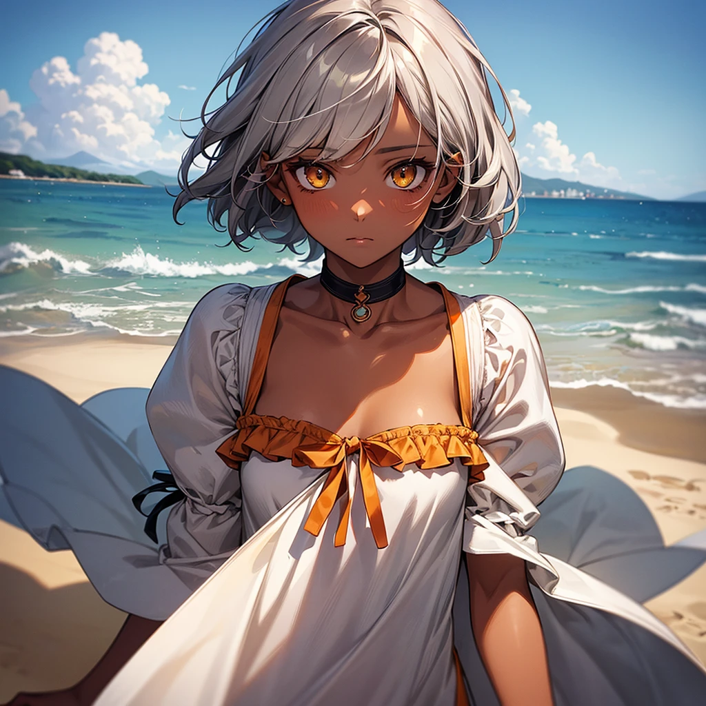 masterpiece, Highest quality, Perfect Face, Highest Resolution, Highest quality,Detailed depiction of the eyes, 8k, 1 girl, young, dark tan skin, slate gray hair, short hair, upturned eyes, Yellow Orange eyes, Perfect Anatomy, ribbon choker, Seaside house, Relax