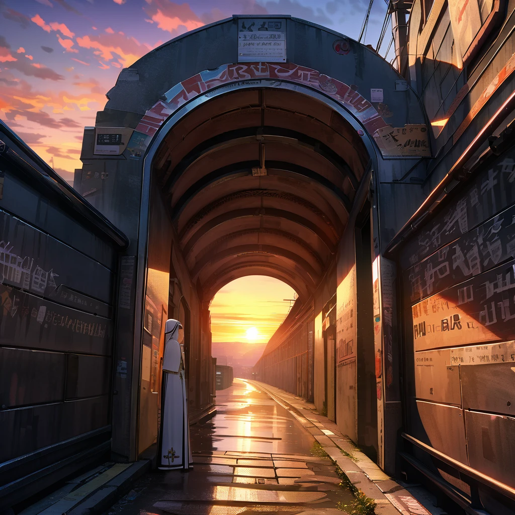Two mechanical angel nuns in white and red, tunnel entrance at dawn, sunrise, detailed background, detailed writing, 4k, UHD, absurd, ultra quality,