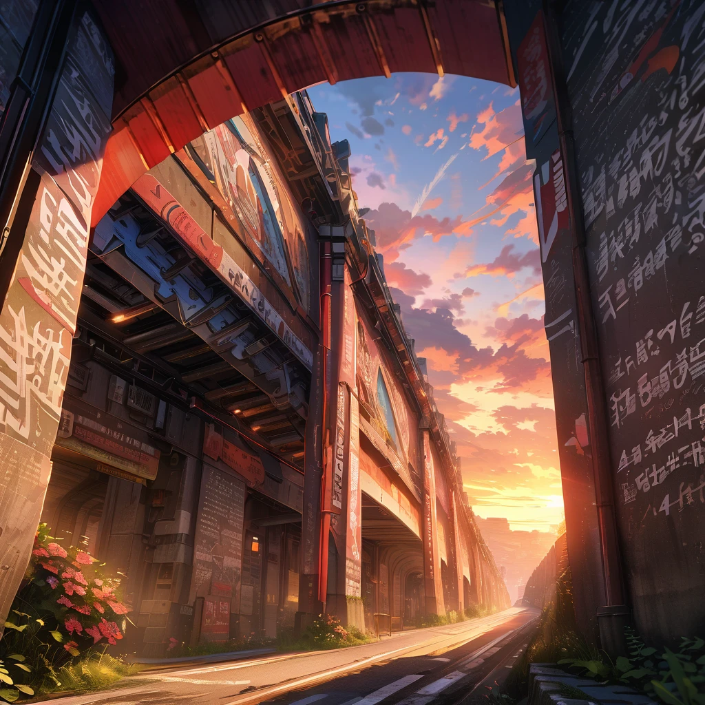 Two mechanical angel nuns in white and red, tunnel entrance at dawn, sunrise, detailed background, detailed writing, 4k, UHD, absurd, ultra quality,