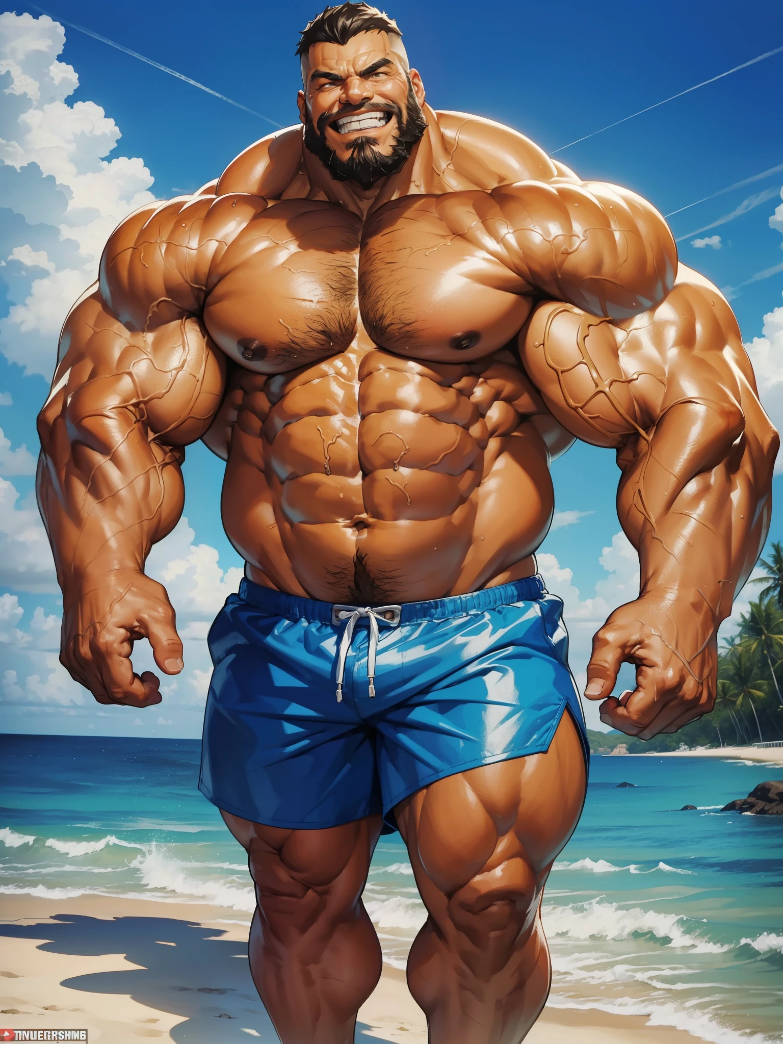 1boy, 1man, solo. beach, extremely huge muscular, massive muscular, full-body , (topless, shirtless, shorts), well-muscled old man. ((extremely muscle size, super thick arms, huge pec, extremely wide pectoral , huge arms)), wide smiling. Add textures and details to make the image more realistic, such as the appearance of the. Make sure the resulting image is high resolution, 8K quality