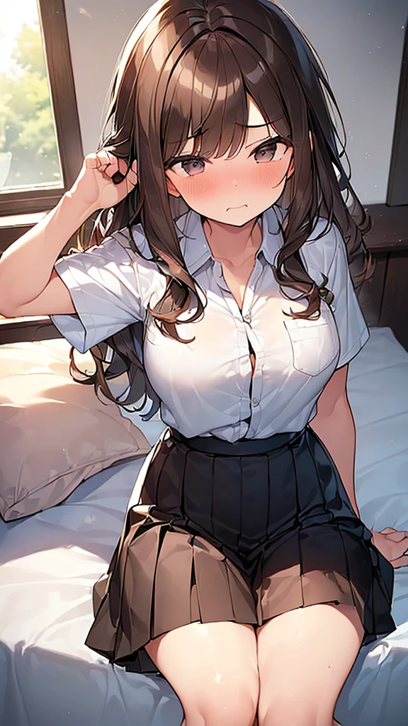 (Masterpiece, Top quality: 1.5), (1 girl, solo :1.2), (large breasts:1.2), (short sleeve shirt, Pleated skirt:1.4), standard weight, ( brown hair:1.4), (airy hair, wavy hair:1.3), long hair ,asymmetry bangs, swept bangs, junior high school student, angry, (flustered:1.3), beautiful scene of bedroom , dynamic pose, magnificent panorama view, sitting on the bed