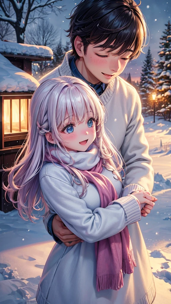 (best quality,highres),cute couple, winter background, hugging, cozy atmosphere, snowfall, warm sweaters, rosy cheeks, snow-covered trees, love, happiness, romantic, candlelight, soft glow, magic moment, frosty breath, cuddling, intimate, tender, joyful, winter love, icy landscape, snowy path