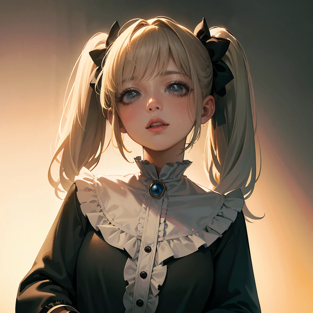 masterpiece, Best Quality, Very delicate and beautiful, Ultra-high resolution, 8k, 3d, Princess like a doll, cute, 
highly detailed dress, Twin tails, trimmed bangs, Transparent white skin, Detailed eyes, large, round eyes, Thin lips, round face, look up, Upper Body, Looking at the camera, The best light, Perfect composition, 


