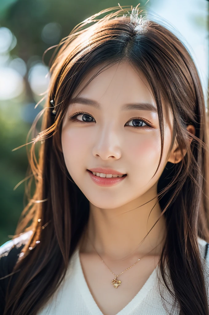 8k, masterpiece, original photo, best quality, Reality, Extremely detailed CG Unity 8K wallpaper, Depth of Field, Movie Lighting, lens flare, Ray Tracing, (Extremely beautiful face, Beautiful lips, beautiful eyes), Intricately detailed face, ((Ultra-delicate skin), Beautiful 1 girl best quality photos, Ultra-high resolution, (Realistically:1.4),Cute hairpin,1girl,Black long hair, Cropped sweater ,Beautiful slim woman:1.4, on the island, Super thin face, Exquisite eyes,double eyelids, Necklace, beautiful Girl, wide smile