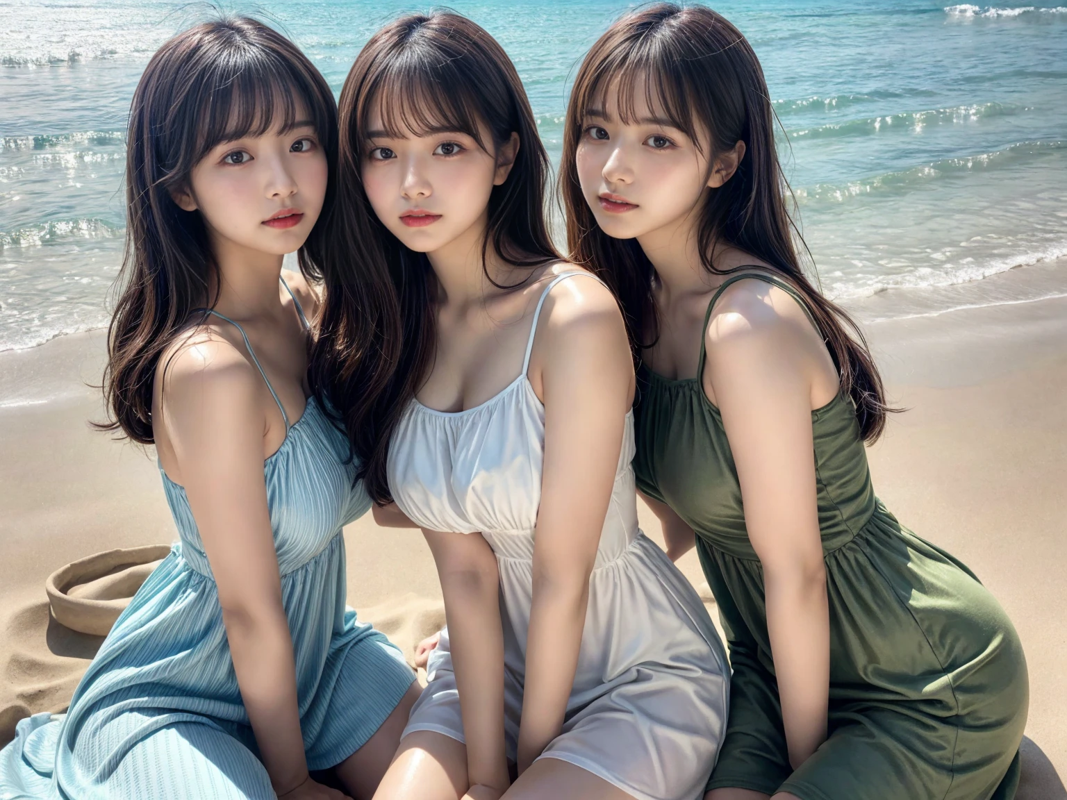 Mastepiece、highest quality、An illustration、Super fine、Fine、High resolution、8k wallpaper、Perfect dynamic composition、Beautiful detailed eyes、2girls, Wearing a sheer, thin dress、Natural color lip、Beach、Random and cute poses、Flowing bangs、large chest, Beauty Legs、 Voluptuous thighs, large hip,KPOP Idol Face、Perfect and beautiful face、cute