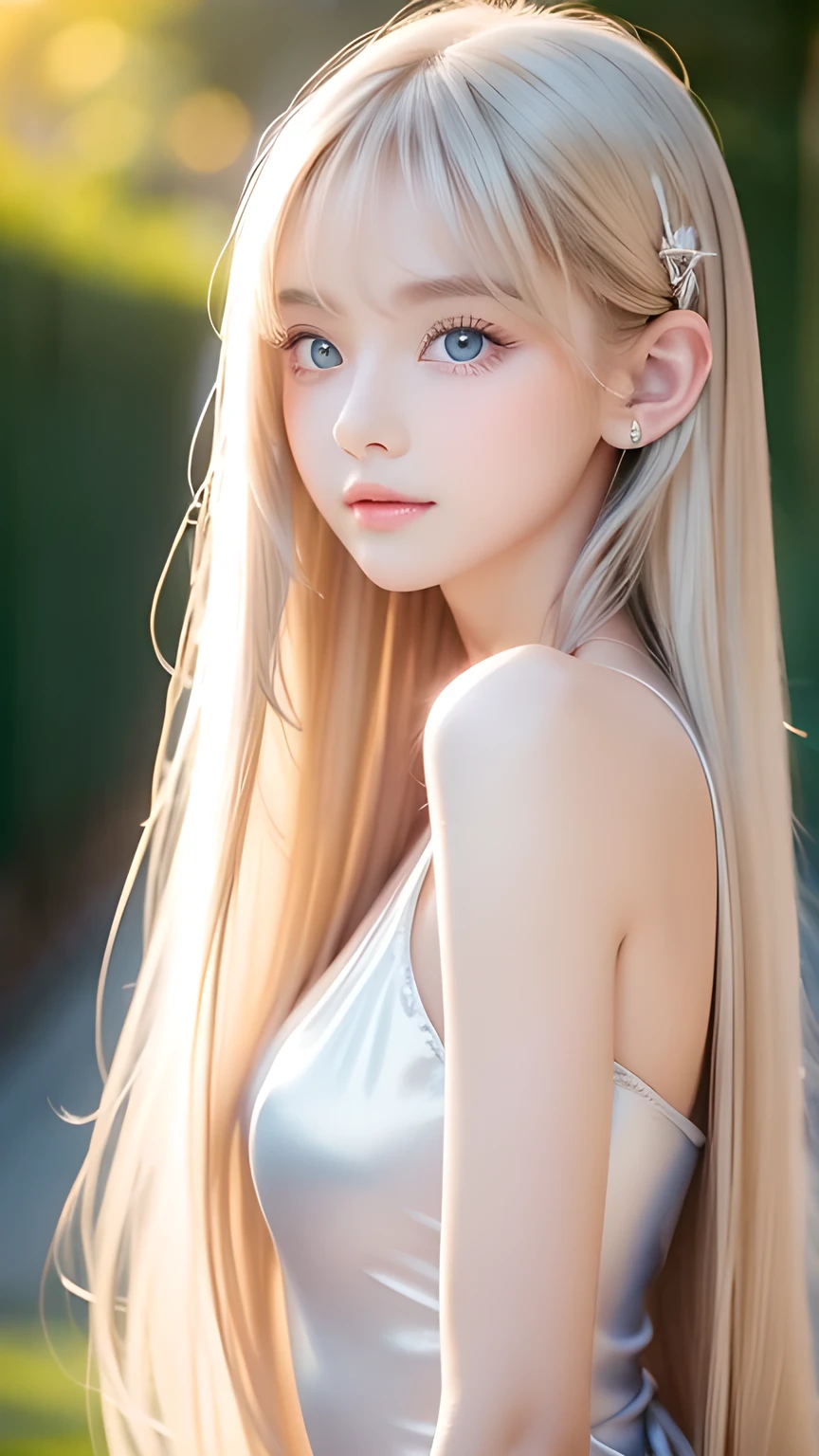 The Shining, clear, White skin、Her windblown blonde hair hides her beautiful face、A stunning 16-year-old blonde beauty、Bangs between the eyes、Cute sexy little beautiful face、Eye-catching, beautiful, super long straight hair、growing up, Large, sparkling, very bright light blue eyes、Long, silky bangs that cover cute eyes, Sexy and cute young woman with super long hair hiding her sexy face、Ultra long platinum hair、Small Face Beauty、Round face、Cheek gloss highlighter、