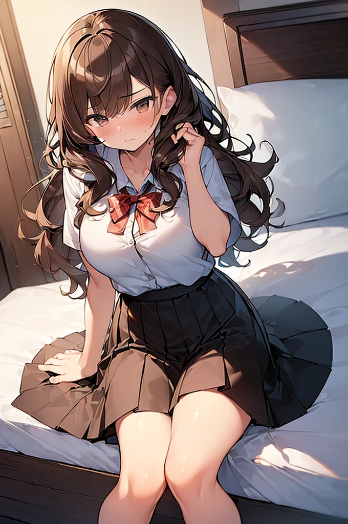 (Masterpiece, Top quality: 1.5), (1 girl, solo :1.2),  (large breasts:1.3), (short sleeve shirt, Pleated skirt:1.4), standard weight, ( brown hair:1.4), (airy hair, wavy hair:1.3), long hair ,asymmetry bangs, swept bangs, junior high school student, angry, (flustered:1.3), beautiful scene of bedroom , dynamic pose, magnificent panorama view, sitting on the bed