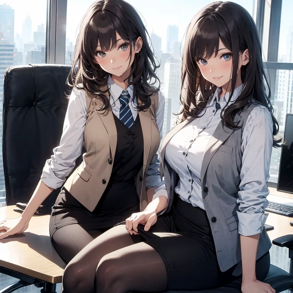 1lady sitting (crossed legs), office worker (stylish outfit), (gray vest) (pencil skirt), mature female, /(dark brown hair/) bangs, blush kind smile, (masterpiece best quality:1.2) delicate illustration ultra-detailed, large breasts, pantyhose BREAK (modern office indoors), window cityscape, detailed background