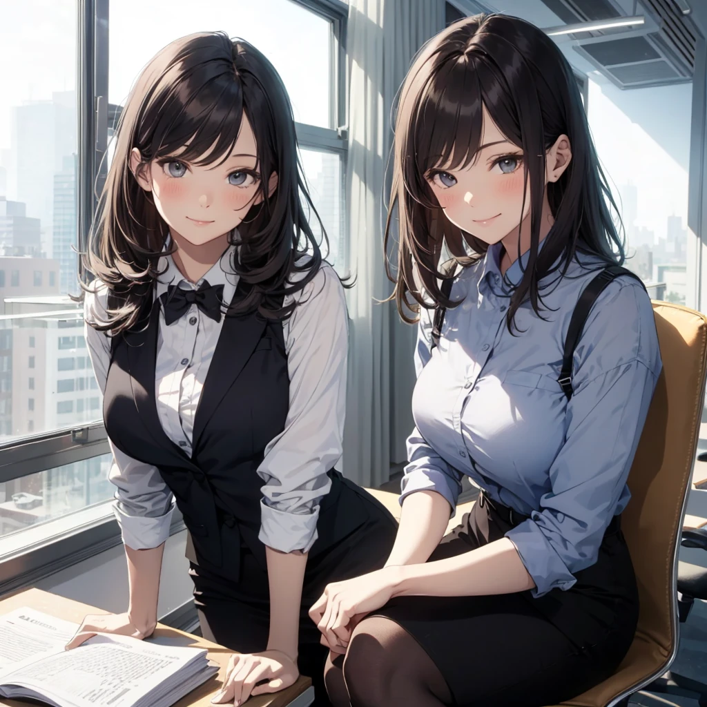 1lady sitting (crossed legs), office worker (stylish outfit), (gray vest) (pencil skirt), mature female, /(dark brown hair/) bangs, blush kind smile, (masterpiece best quality:1.2) delicate illustration ultra-detailed, large breasts, pantyhose BREAK (modern office indoors), window cityscape, detailed background