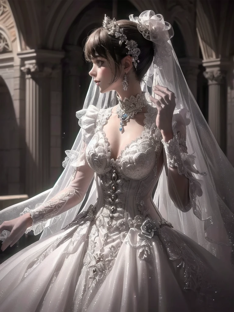  bride: wedding ring shining on ring finger Fusion of medieval European fashion Emphasis on elements of cuteness and adoration Posed illustration of the overwhelming cuteness of the character in the foreground Overwhelming architectural and cityscape background Ultra-detailed, rich, contemporary interpretation of medieval Europe and fantasy world Realistic textures, Professional artistic shading and light sources, scene-like cinematography and effects, depth of subject One beautiful girl, super cute, bob cut, side ponytail, perfect anatomy 
Colours: pastel, white, pale purple, blue, gingham check 
Materials: chiffon, lace, satin, velvet, etc. Silhouette: fluffy skirt, A-line, long length 
Decoration: frills, ribbons, lace, pearls, embroidery etc. Coordinates Romantic princess: pastel dress, lace blouse, fluffy skirt, ribbon hair accessory, black tights Add accessories and accessories to personalise.