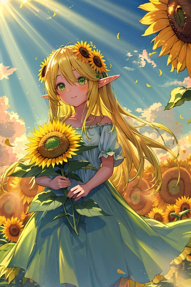 (masterpiece, best quality, highres:1.3), ultra resolution image, (1girl), (solo), kawaii, blonde hair, long flowing hair, elf, emerald eyes, gentle breeze, sunflowers, sunflower field, petal, sparkling magic, (soft sunlight:1.3), fantasy, nature accessories, happy