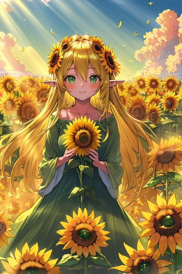 (masterpiece, best quality, highres:1.3), ultra resolution image, (1girl), (solo), kawaii, blonde hair, long flowing hair, elf, emerald eyes, gentle breeze, sunflowers, sunflower field, petal, sparkling magic, (soft sunlight:1.3), fantasy, nature accessories, happy