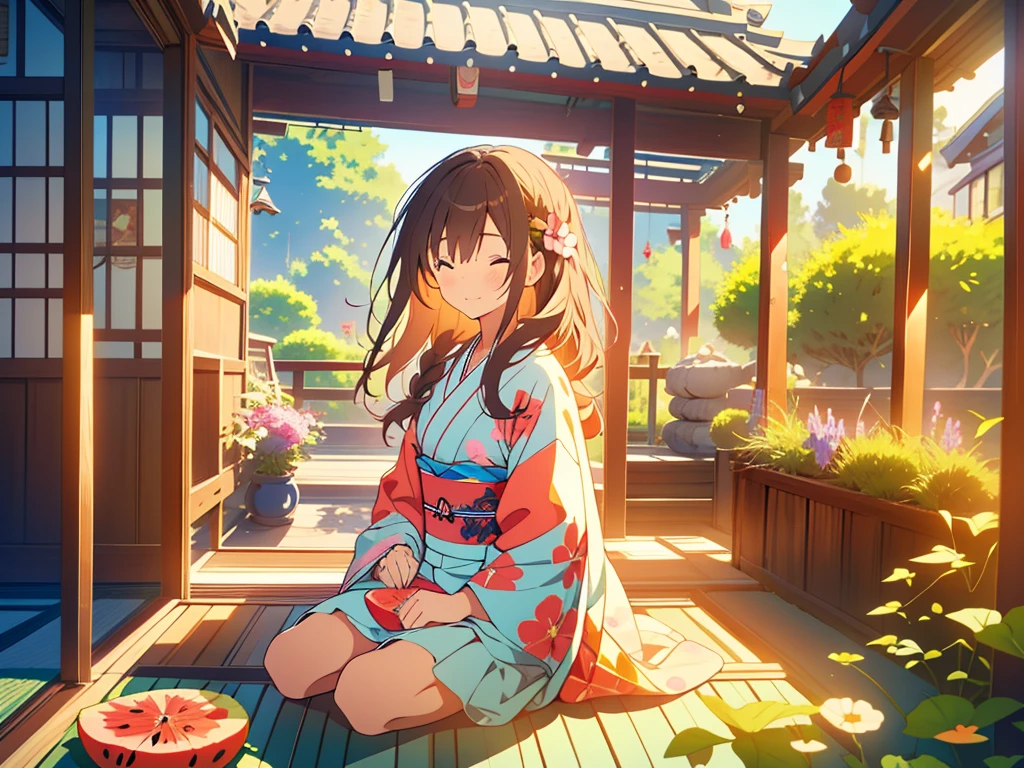 kawaii, anime, Cute, hyper quality, highly detailed, 8k, Clarity, Draw facial expressions in detail, dark brown long hair girl, verandah, wind chimes, morning glory, watermelon, Fan, sitting and closing eyes, summer, daytime, The wind is blowing, Draw facial expressions in detail, barley tea, Japan, Japanese garden, countryside, summer vacation,