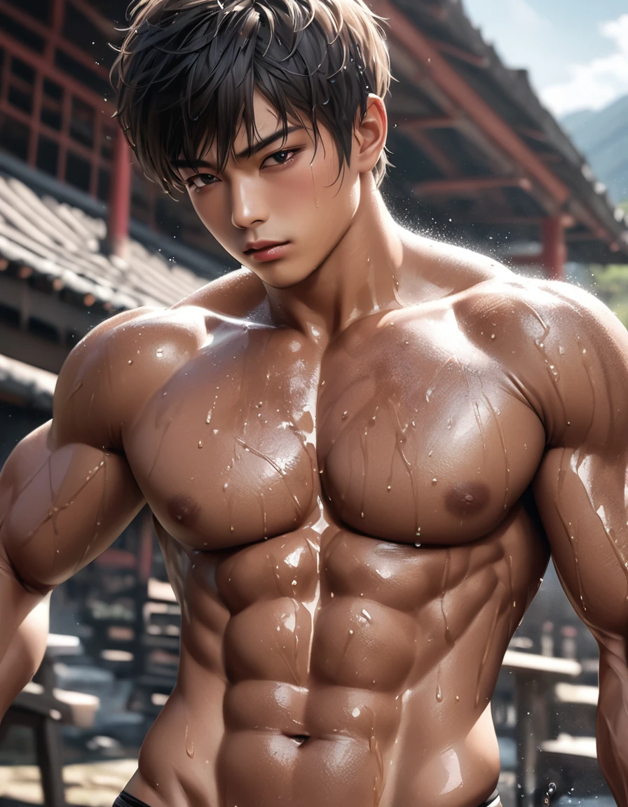 high quality, detailed, Realistic,(one 22 years old tanned japanese wrestler boys:1.5), (detailed black eyes), (black short hair), (muscle:1.5), (tanned dark brown skin), valley, (black tiny thong), (bulge), (detailed nipples), detailed areola, best quality, 4k, 8k, highres, (masterpiece:1.2),ultra-detailed, (realistic, photorealistic, photo-realistic:1.37), wet body, (face close up:0.8),--no watch,
