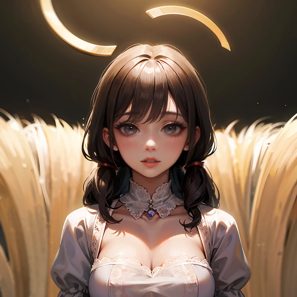 masterpiece, Best Quality, Very delicate and beautiful, Ultra-high resolution, 8k, 3d, Princess like a doll, cute, 
highly detailed dress, Landmine Fashion, Twin tails, trimmed bangs, Transparent white skin, large, round eyes, Thin lips, round face, look up, Upper Body, Looking at the camera, The best light, Perfect composition, 
