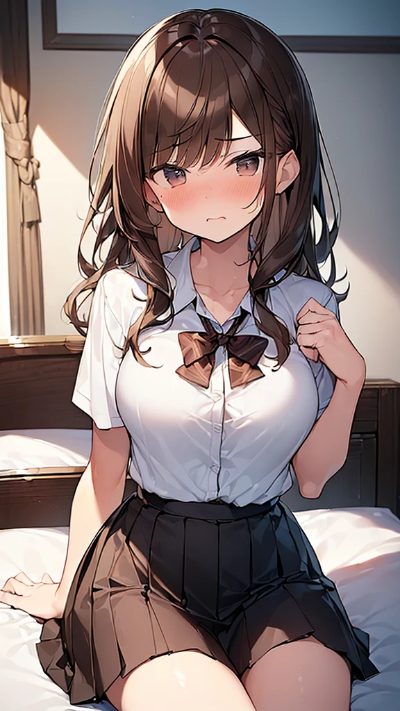 (Masterpiece, Top quality: 1.5), (1 girl, solo :1.2), (large breasts:1.3), (short sleeve shirt, Pleated skirt:1.4), standard weight, ( brown hair:1.4), (airy hair, wavy hair:1.3), long hair ,asymmetry bangs, swept bangs, junior high school student, angry:1.1, (flustered:1.3), beautiful scene of bedroom , dynamic pose, magnificent panorama view, sitting on the bed