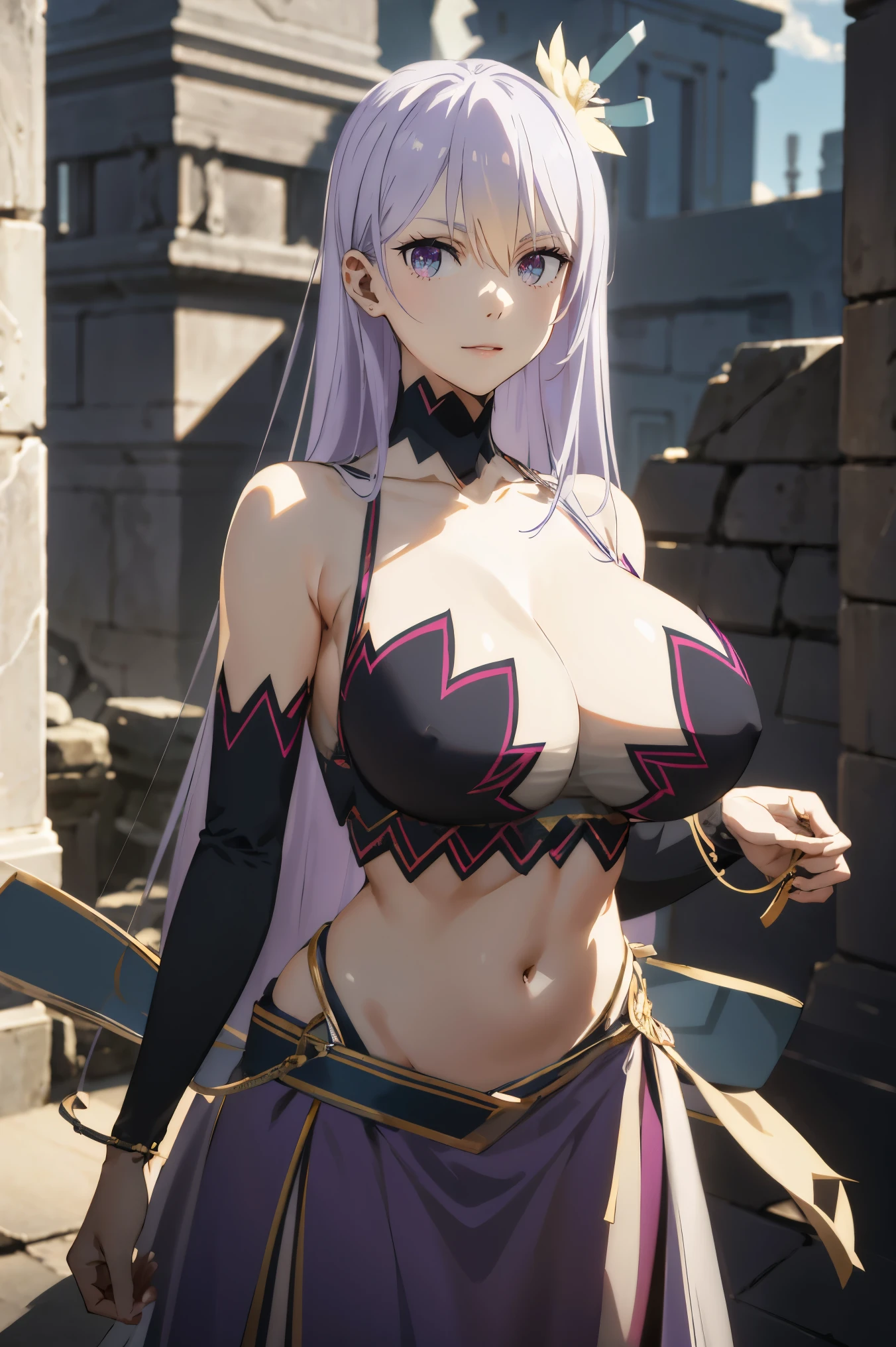 masterpiece, ((royal dressed)), ((wing)), halo, (best quality), (solo), 1girl, reona, silver hair, purple hair , (long skirt), long hair, purple eyes, sexy woman, hair between eyes, hair ornament, vibrant colors , natural lighting, RTX, (huge tits), (detailed face:1.2), (perfect eyes:1.1) ,(photorealistic:1.1), 8k uhd, looking a viewer, outdoors, simple backround, smile, (upper body), standing pose, ((open legs), temple ruins, cleavage