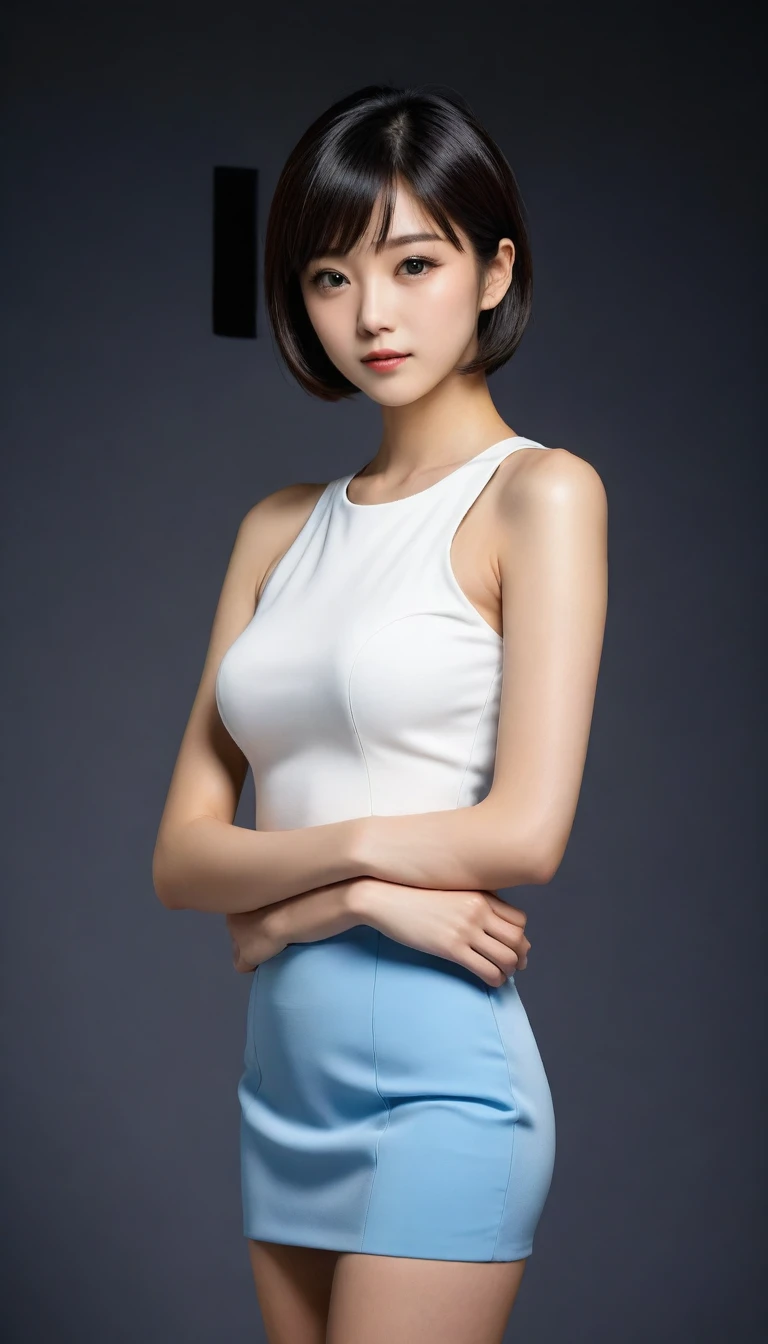 8k, Ultra-high resolution, Highest quality, masterpiece, 三分割法によるphotograph,Surreal, photograph, 1 Girl, (:1.3), pretty girl, Cute Face, Beautiful eyes in every detail, 細かくdetailedに,masterpiece,One Girl:1.2,Japanese female announcer,full body,Serious expression,Black short hair,Bob with bangs, (The finest ceremonial attire:1.3),Pencil Skirt,Sharp contours,Looking down,Gray background, Light from above, Low contrast, (Side view),Perfect and beautiful face ,完璧でCute Face, Skin with attention to detail, Perfect limbs、Narrow waist,Looking at the audience,(((Ideal body type))),A cup small breasts :2,Portraiture:2,Perfect Anatomy,鮮明なdetailed,detailed,Surreal,Light and shadow,glowing