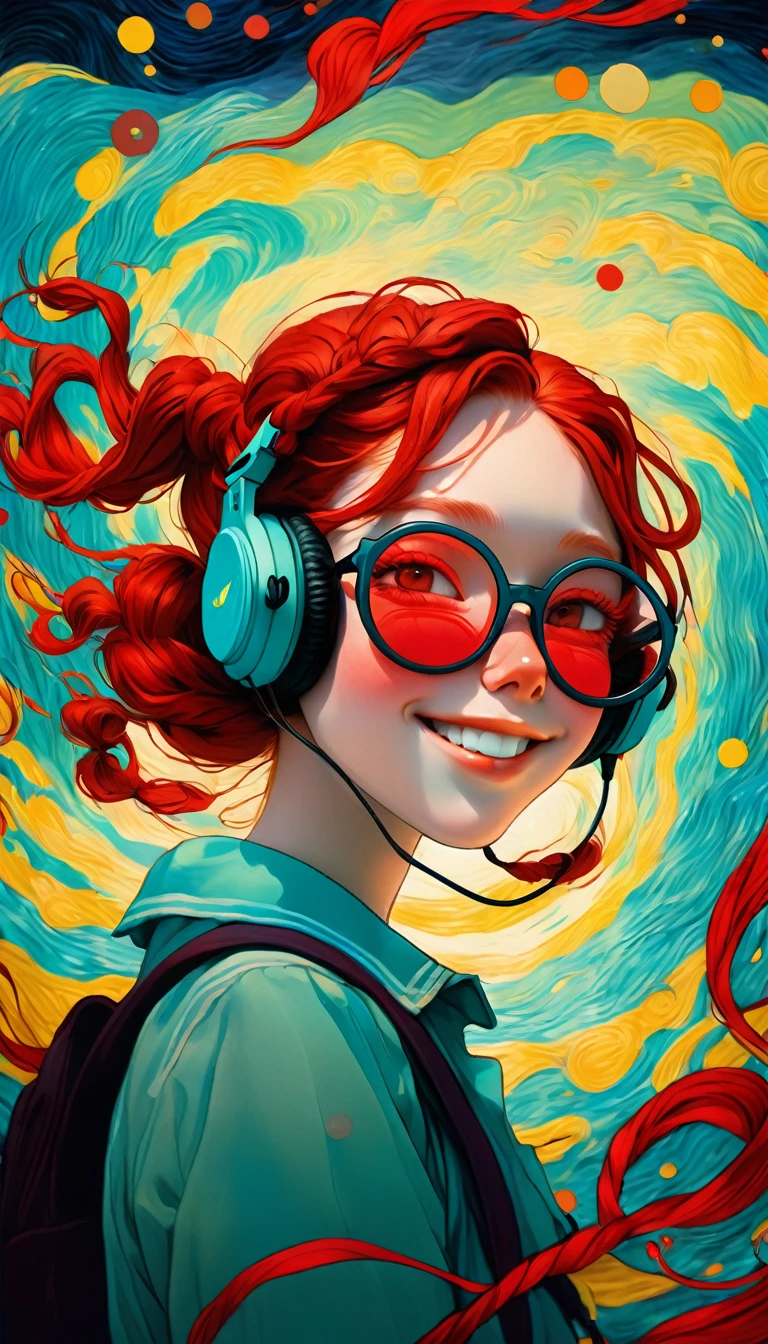 An illustration、art、Supervised by Junji Ito、Overreaction、Overaction、smile、Redhead、Braided Pigtails、Red glasses、Headphones、Girl、Attention to detail、Realistic Shadows、Analog Style、chromatic aberration、Surrealism、disaster々A new Van Gogh-like swirl background