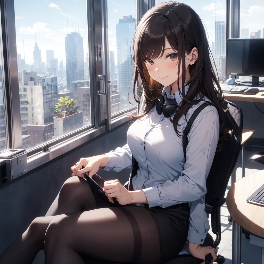 1lady sitting (crossed legs), office worker (stylish outfit), (gray vest) (pencil skirt), mature female, /(dark brown hair/) bangs, blush kind smile, (masterpiece best quality:1.2) delicate illustration ultra-detailed, large breasts, pantyhose BREAK (modern office indoors), window cityscape, detailed background