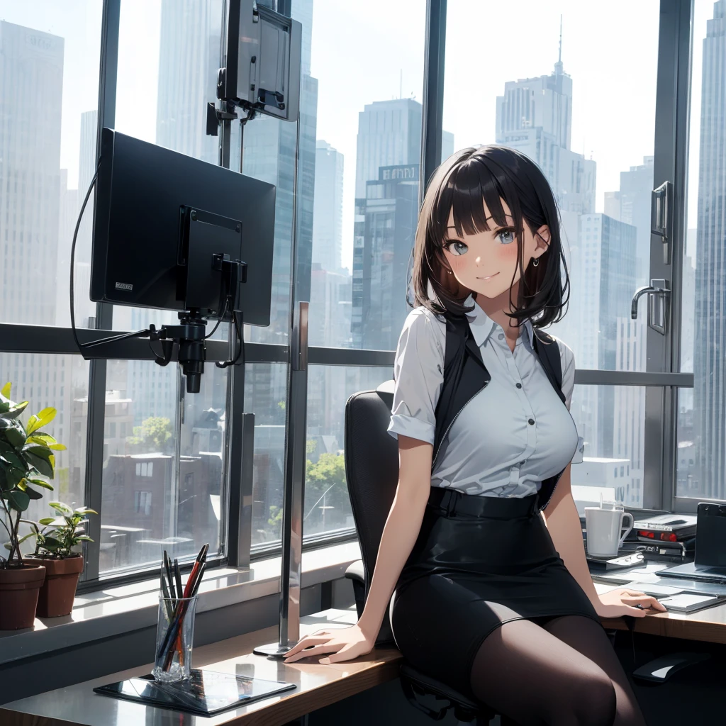 1lady sitting (crossed legs), office worker (stylish outfit), (gray vest) (pencil skirt), mature female, /(dark brown hair/) bangs, blush kind smile, (masterpiece best quality:1.2) delicate illustration ultra-detailed, large breasts, pantyhose BREAK (modern office indoors), window cityscape, detailed background