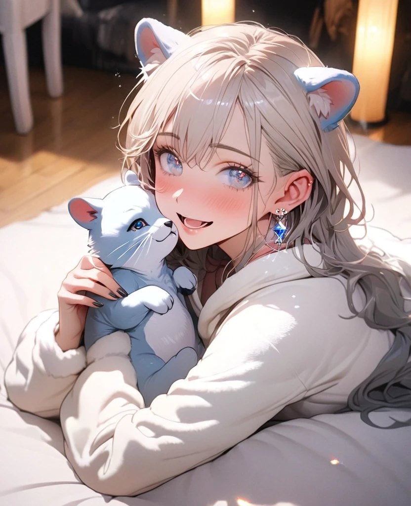 8K,gal,an extremely delicate and beautiful,Beautiful and realistic skin,Shiny jewel-like earrings,Shine like glitter long silver hair,beautiful eyes,full body,Clothes are transparent,animalcostume,drunk,