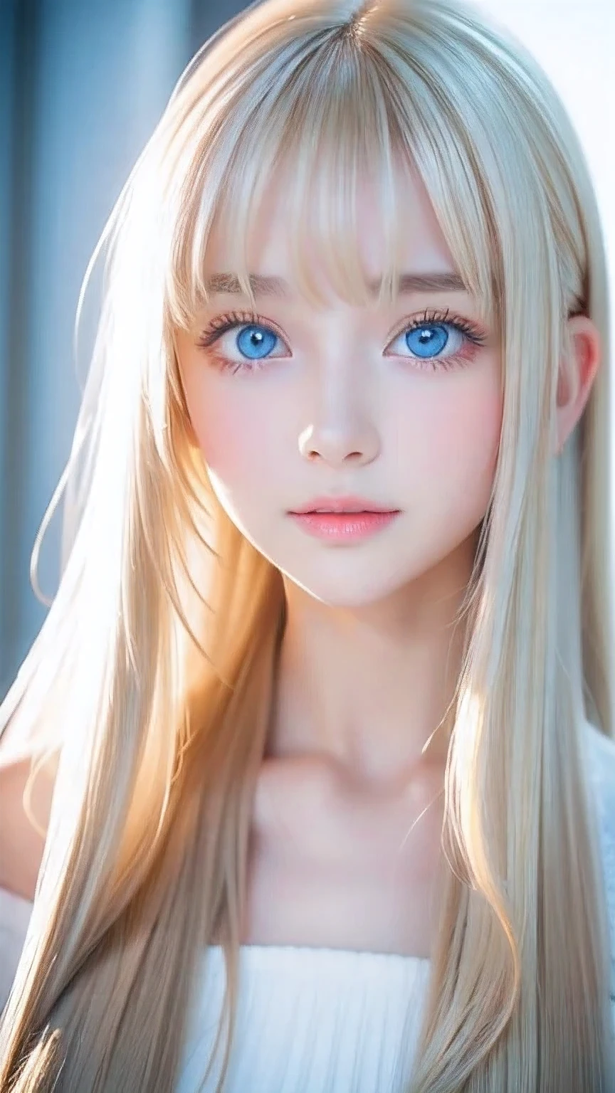The Shining, clear, White skin、Her windblown blonde hair hides her beautiful face、A stunning 16-year-old blonde beauty、Bangs between the eyes、Cute  little beautiful face、Eye-catching, beautiful, super long straight hair、growing up, Large, sparkling, very bright light blue eyes、Long, silky bangs that cover cute eyes,  and cute young woman with super long hair hiding her  face、Ultra long platinum hair、Small Face Beauty、Round face、Cheek gloss highlighter、
