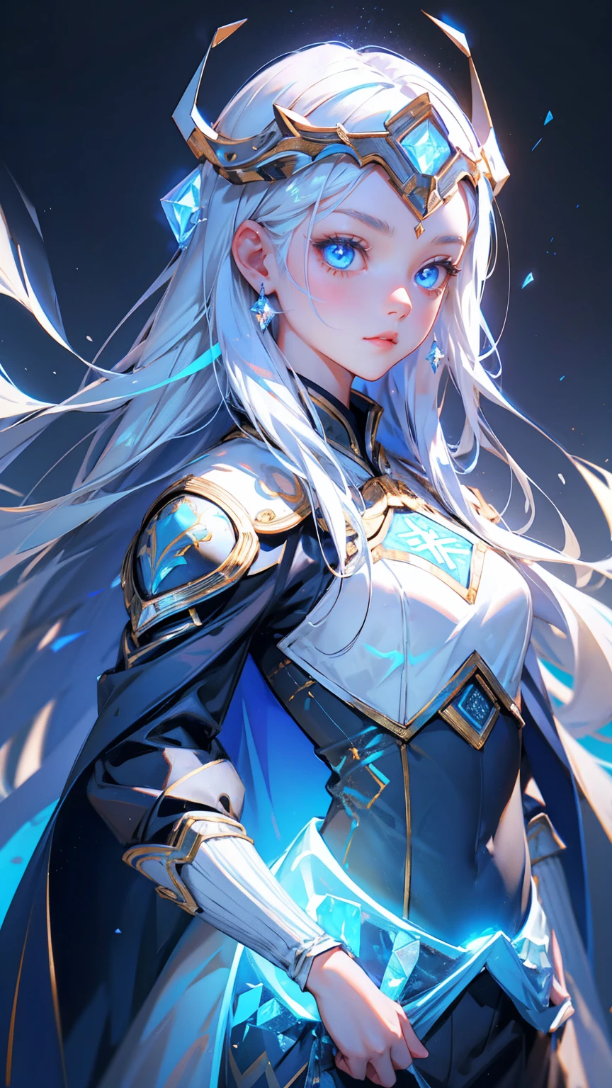 cute girl with blue eyes, bitcoin symbols in eyes, forehead bitcoin symbols, long white hair, wearing ancient Asian armor and helmet with glowing crystals on top, grey background