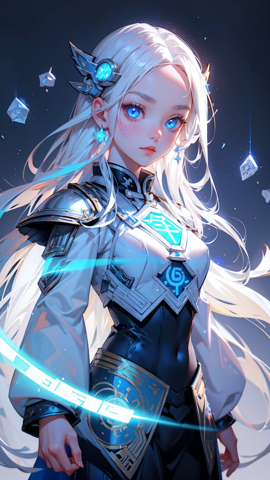 cute girl with blue eyes, bitcoin symbols in eyes, forehead bitcoin symbols, long white hair, wearing ancient Asian armor and helmet with glowing crystals on top, grey background
