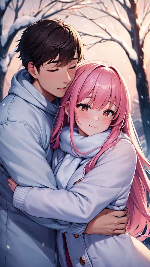 (best quality,highres),cute couple, winter background, hugging, cozy atmosphere, snowfall, warm sweaters, rosy cheeks, snow-covered trees, love, happiness, romantic, candlelight, soft glow, magic moment, frosty breath, cuddling, intimate, tender, joyful, winter love, icy landscape, snowy path