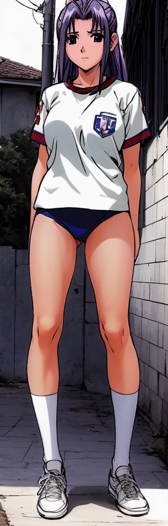 Momoko Koigakubo, a tall girl with beautiful legs, is standing in the schoolyard wearing a white gym uniform and light navy blue bloomers that look like panties.。