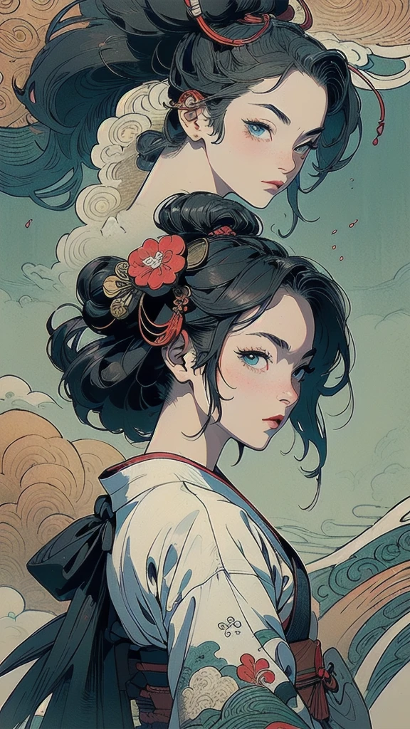 (((masterpiece, highest quality))),,(((solo:1.2))),(((1girl:1.2))),32k wallpaper, very detailed, poster, vintage science fiction,(((((portfolio))))),(((((Close-up))))),(((((bust up))))),((((more various angle)))),((((highlight)))),((((heterochromia)))),(((complete. detailed face))),(((detailed unlimited complete equipment : rail gun))),(((((Absolutely Realistic Clouds background))))),(((Texture for people : halftone))),((Open your mouth wide)),(((((Wind God and Thunder God))))),(((Ukiyo-e)))
