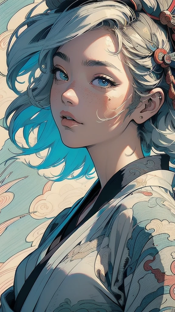 (((masterpiece, highest quality))),,(((solo:1.2))),(((1girl:1.2))),32k wallpaper, very detailed, poster, vintage science fiction,(((((portfolio))))),(((((Close-up))))),(((((bust up))))),((((more various angle)))),((((highlight)))),((((heterochromia)))),(((complete. detailed face))),(((detailed unlimited complete equipment : rail gun))),(((((Absolutely Realistic Clouds background))))),(((Texture for people : halftone))),((Open your mouth wide)),(((((Wind God and Thunder God))))),(((Ukiyo-e)))