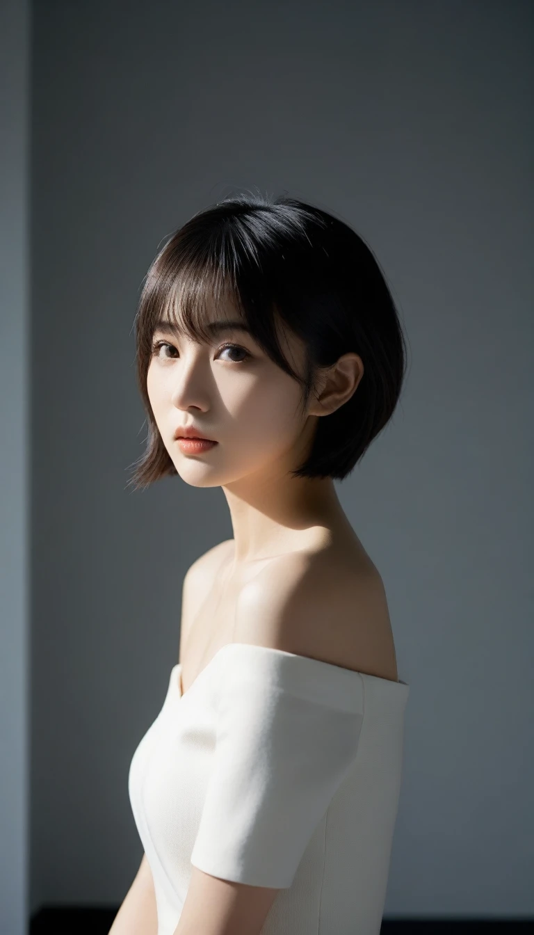 8k, Ultra-high resolution, Highest quality, masterpiece, 三分割法によるphotograph,Surreal, photograph, 1 Girl, (:1.3), pretty girl, Cute Face, Beautiful eyes in every detail, 細かくdetailedに,masterpiece,One Girl:1.2,Japanese female announcer,full body,Serious expression,Black short hair,Bob with bangs, (The finest ceremonial attire:1.3),Pencil Skirt,Sharp contours,Looking down,Gray background, Light from above, Low contrast, (Side view),Perfect and beautiful face ,完璧でCute Face, Skin with attention to detail, Perfect limbs、Narrow waist,Looking at the audience,(((Ideal body type))),A cup small breasts :2,Portraiture:2,Perfect Anatomy,鮮明なdetailed,detailed,Surreal,Light and shadow,glowing