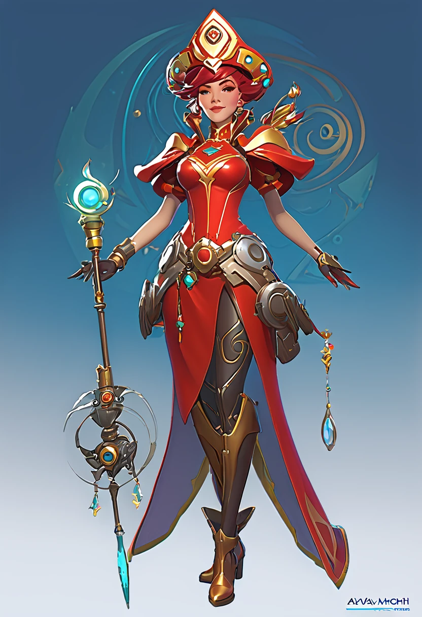 Ava Red, the Wizard of Magical Colors, mechanical priestess, Honky Tonk Girl, character concept art, by Peter Mohrbacher and Alphonse Mucha, overwatch, weapon, detailed, style, 8k, trending on artstation, unreal engine 4k, detailed, clean background trending, full
