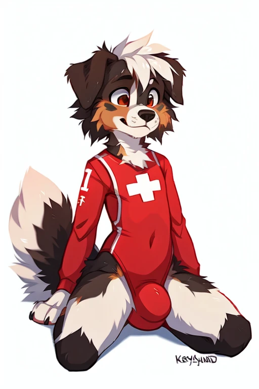No background, white background, ((by keihound, by reysi)), by Zackary911, by fluff-kevlar, Furry, Anthro, ((Australian Shepard)), detailed fur, (()), ((small)), ((short)), dynamic pose, sitting, short white hair, ((short fluffy tail)), ((red leotard, lifeguard, long sleeve leotard, big bulge)),