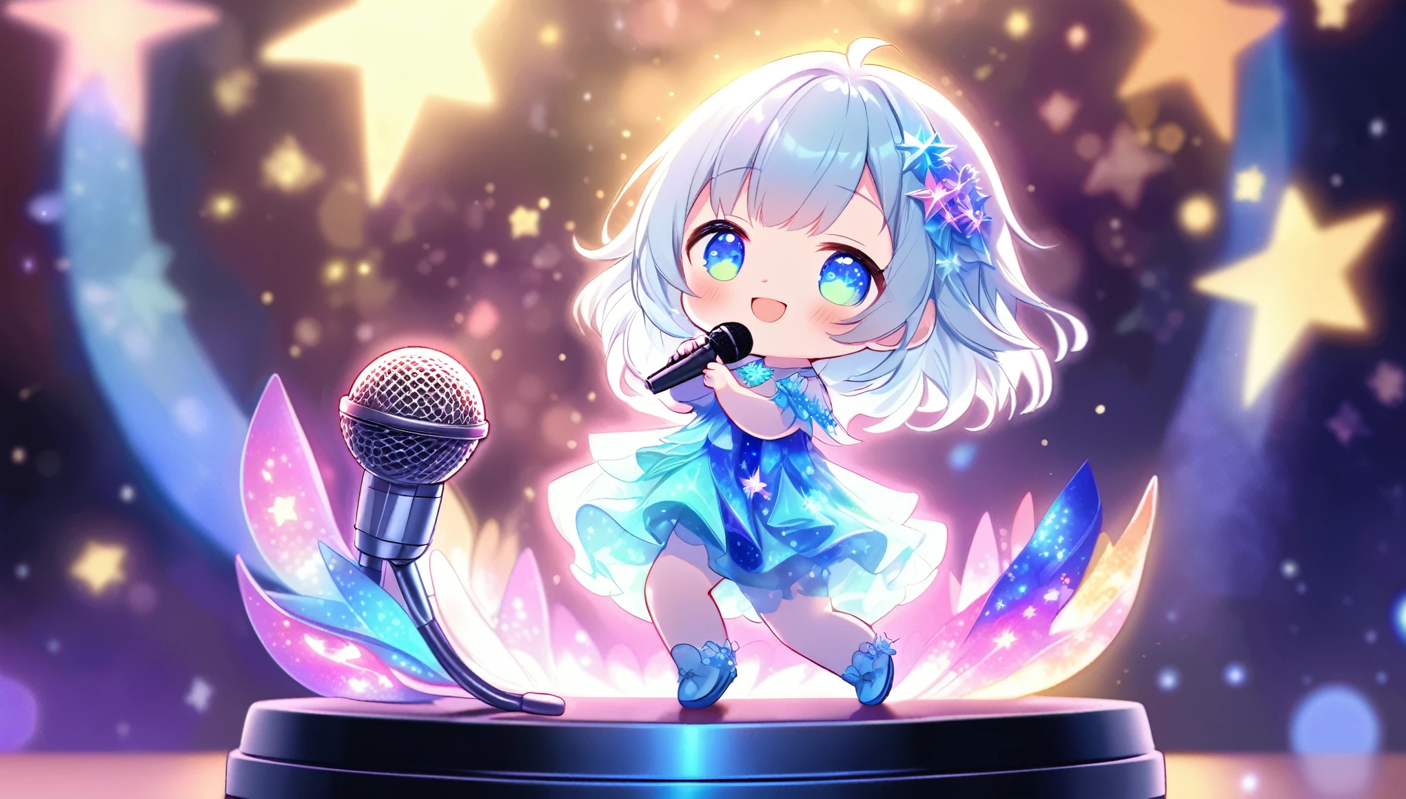 (Fractal Art:1.1)、(Dynamic Pose)、(Abstract Background:1.3)、Place a small doll on a circular stand、Cute pose、smile、Chibi Doll、Stars in the eyes(Sparkling)、Singing with microphone in hand、Raise your eyes、smile、Cute Shoes、Ultra Detail、Radiant Light、Bioluminescence、Strong bokeh、Shooting from the side