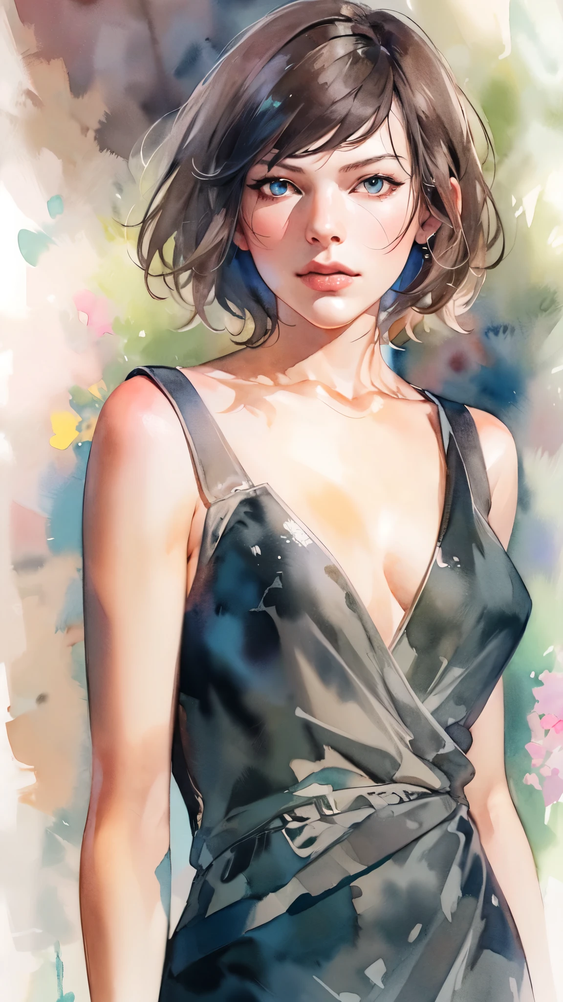 (masterpiece:1.2),(Highest quality),(Very detailed),(High resolution),(watercolor),8k,wallpaper,Milla Jovovich,Black Dress,(Perfect Eyes),(Beautiful gradation created by layering),(Tarashikomi technique)