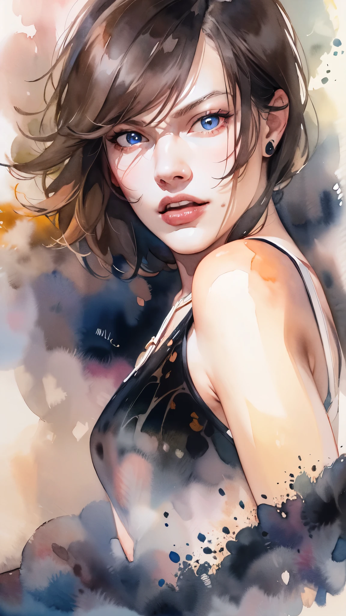 (masterpiece:1.2),(Highest quality),(Very detailed),(High resolution),(watercolor),8k,wallpaper,Milla Jovovich,Black Dress,(Perfect Eyes),(Beautiful gradation created by layering),(Tarashikomi technique)