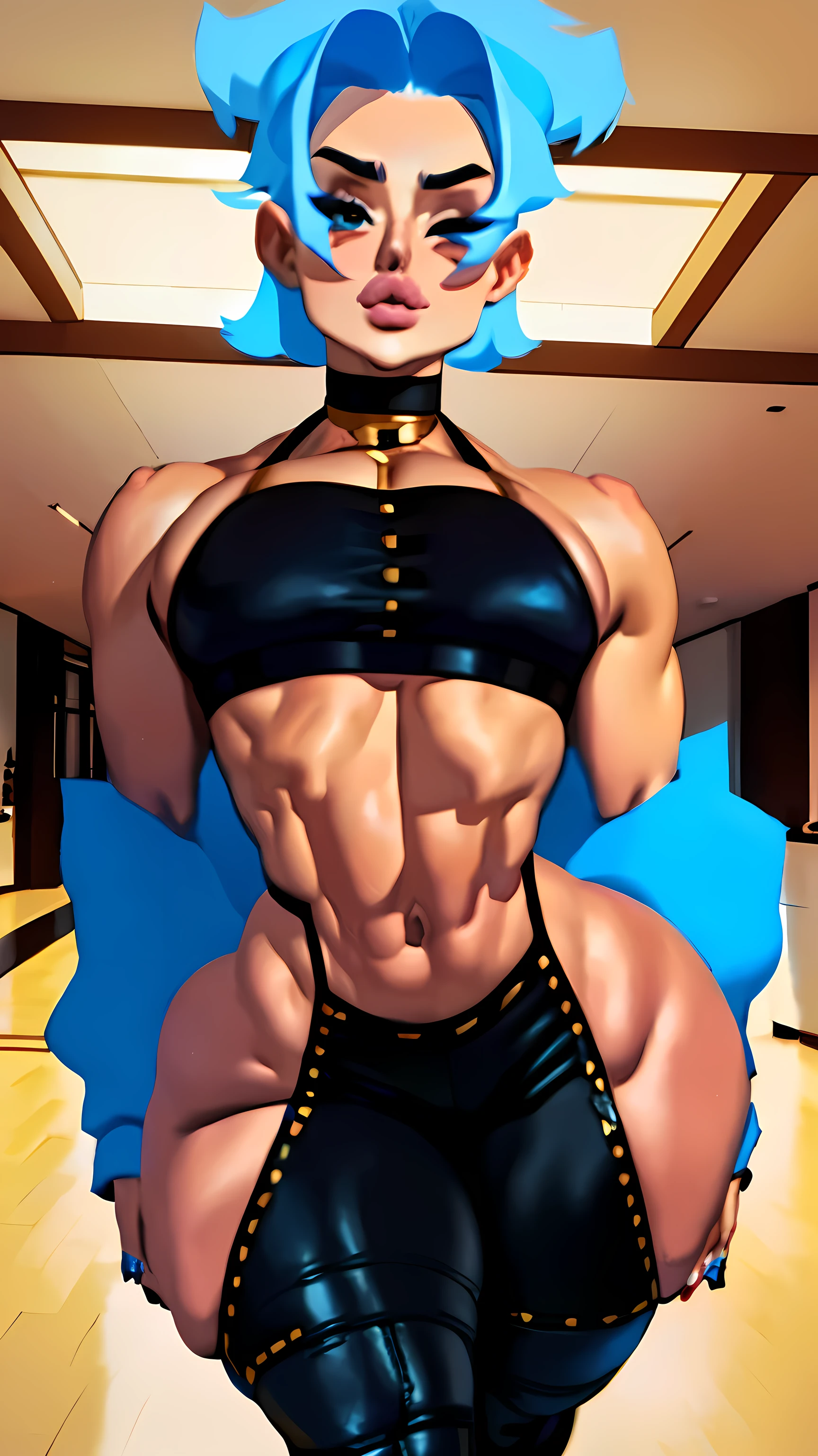 a woman with blue hair and golden eyes, She wears a black crop top and tight black shorts, possui breasts small e coxas enormes, linda, the cutest girl, (Extremely wide hips 5.5), (breasts small.), (masterpiece), (thick thighs 1.6), thick pelvis, big-ass, model body