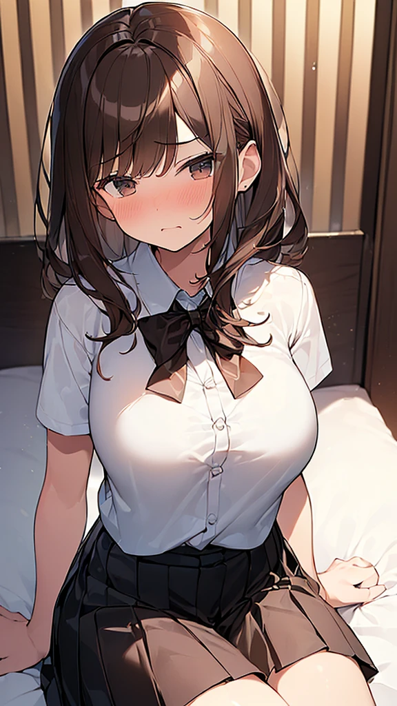 (Masterpiece, Top quality: 1.5), (1 girl, solo :1.2),  (large breasts:1.4), (short sleeve shirt, Pleated skirt:1.4), standard weight, ( brown hair:1.4), (airy hair, wavy hair:1.3), long hair ,asymmetry bangs, swept bangs, junior high school student, angry:1.2, (flustered:1.3), beautiful scene of bedroom , dynamic pose, magnificent panorama view, sitting on the bed