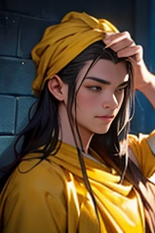 Black Hair、(((Yellow bandana on head))),(((Muscular)))、(Very detailed CG ユニティ 8k 壁紙,masterpiece, Highest quality, Very detailed),(Best lighting, Best Shadow, Very delicate),good looking ,Roleplaying、Small eyes、Long Hair、Fantasy style clothing、Yellow clothes、Yellow Cape、