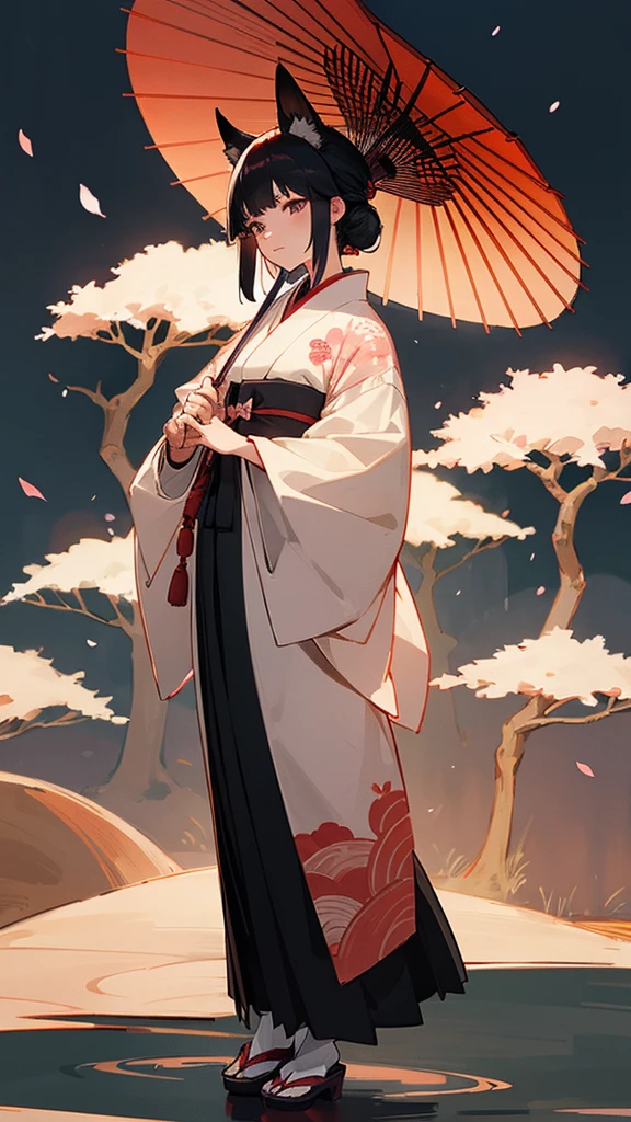 A black-haired woman wearing a fox mask, standing elegantly while holding a traditional Japanese paper umbrella (karakasa). She is dressed in a beautiful kimono, with intricate patterns, standing against a serene background of a Japanese garden at twilight.
"A black-haired woman wearing a fox mask, standing elegantly while holding a traditional Japanese paper umbrella (karakasa). She is dressed in a beautiful kimono with intricate patterns. The background features cherry blossom trees in full bloom, with petals gently falling around her, set in a serene Japanese garden at twilight.