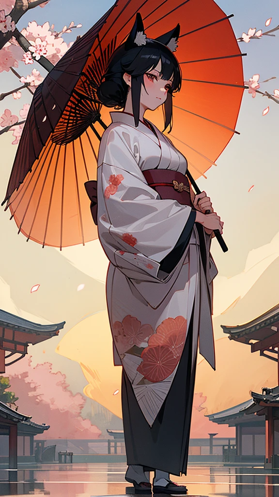 A black-haired woman wearing a fox mask, standing elegantly while holding a traditional Japanese paper umbrella (karakasa). She is dressed in a beautiful kimono, with intricate patterns, standing against a serene background of a Japanese garden at twilight.
"A black-haired woman wearing a fox mask, standing elegantly while holding a traditional Japanese paper umbrella (karakasa). She is dressed in a beautiful kimono with intricate patterns. The background features cherry blossom trees in full bloom, with petals gently falling around her, set in a serene Japanese garden at twilight.